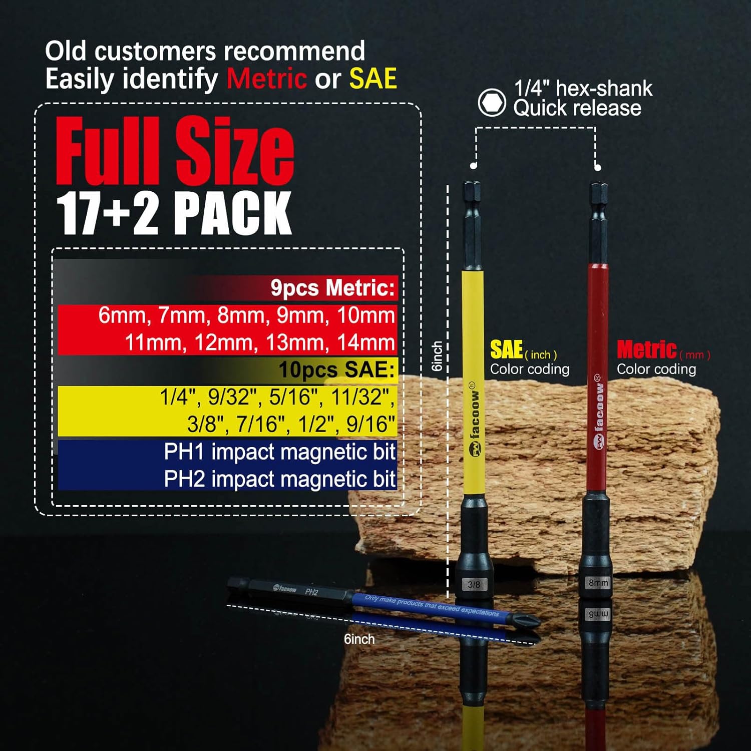 Facoow 6 Inch Magnetic Nut Driver Set for Impact Drill, 19 Pcs with Metric & SAE with PH1 & PH2 Bits, Extra Long Nut Drivers Set with Storage Case, Durable for Professional and DIY Projects