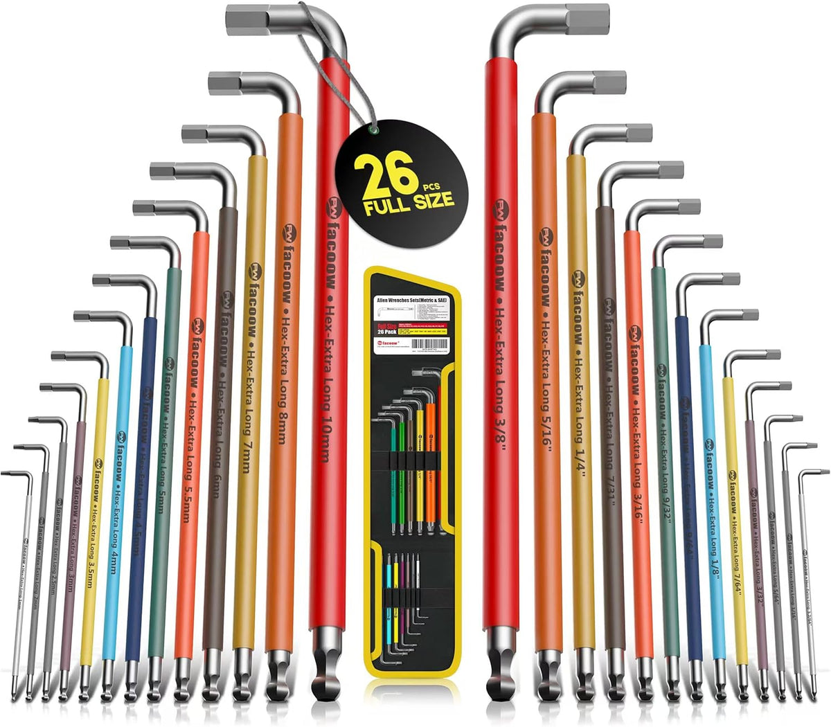 Facoow Allen Wrenches Sets, 26pcs Full Size SAE & Metric Hex Key Set with Tool Organizer Bag, Heavy Duty Extra Long Arm Allen Wrenche Sets, Ball End Allen Keys, Color Coded Premium Allen Wrench Set