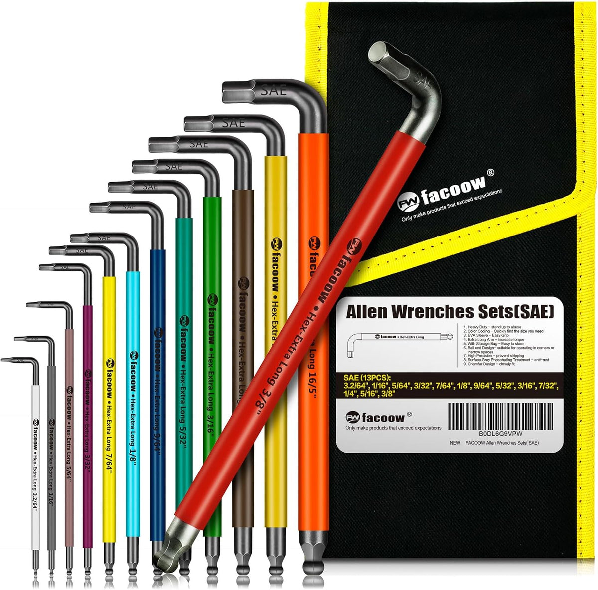 Facoow Allen Wrenches Sets, 13pcs Full Size SAE Hex Key Set with Tool Organizer Bag, Heavy Duty Extra Long Arm, Ball End, Color Coded Premium